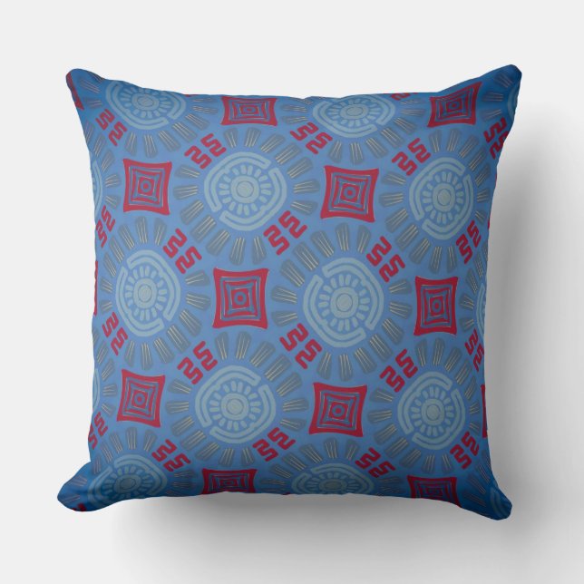 Coussin carré Jimette Design bleu rouge gris. (Recto)