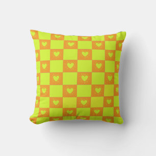 Coussin Carreau à carreaux vert orange vif avec cœurs