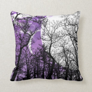 Coussin Carreau blanc noir pourpre d'arbre abstrait de