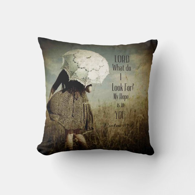 Coussin Carreau chrétien de vers de parapluie de la fille (Recto)