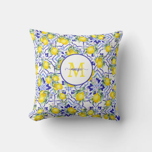 Coussin Carreau de nom de monogramme citron bleu de campag
