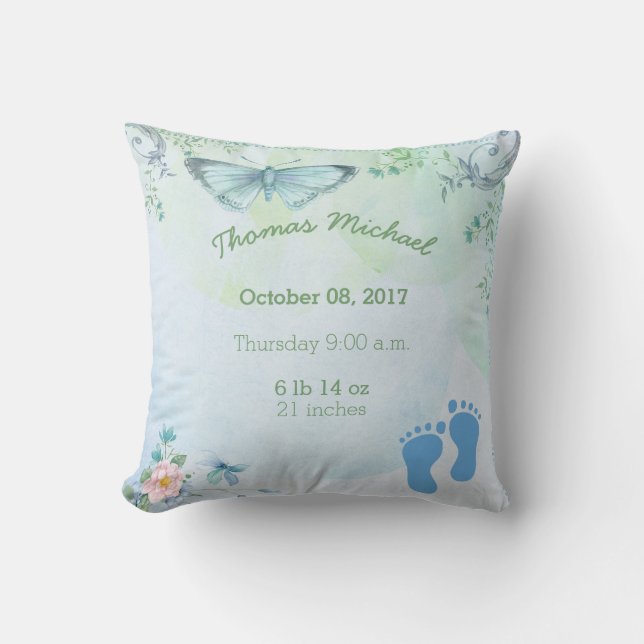 Coussin Carreau de papillon de bébé de stat de naissance (Recto)