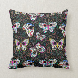 Coussin carreau de papillons de crâne de sucre, éffrayan