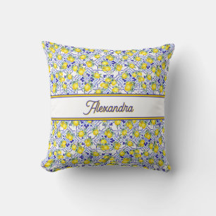 Coussin Carreau de style provençal bleu citron avec monogr