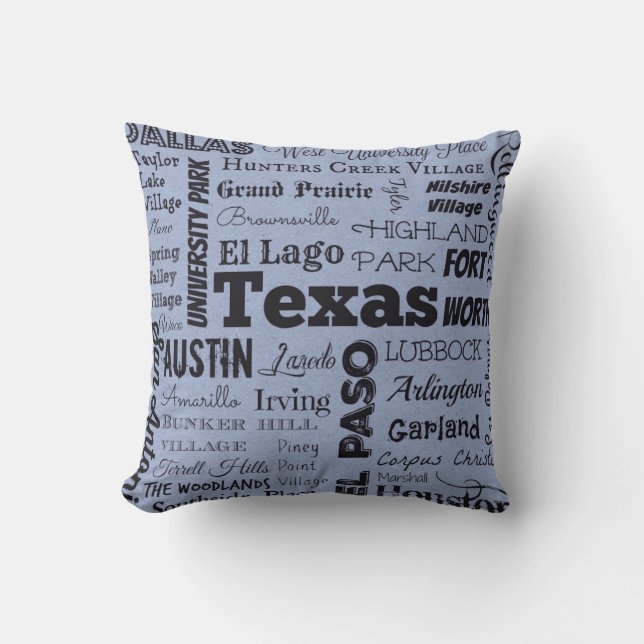 Coussin Carreau de typographie de villes du Texas, bleu (Recto)