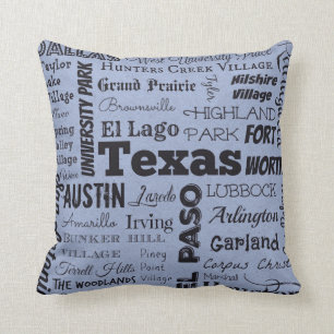 Coussin Carreau de typographie de villes du Texas, bleu