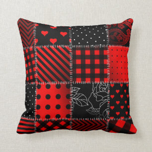Coussin Carreau décoratif de patchwork rouge et noir