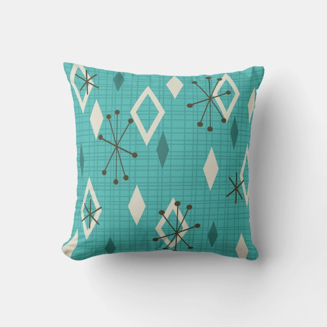 Coussin Carreau du milieu du siècle Starbursts Turquoise (Recto)