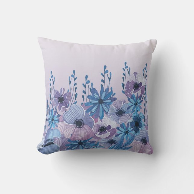 Coussin Carreau floral d'aquarelle bleue et pourpre (Recto)