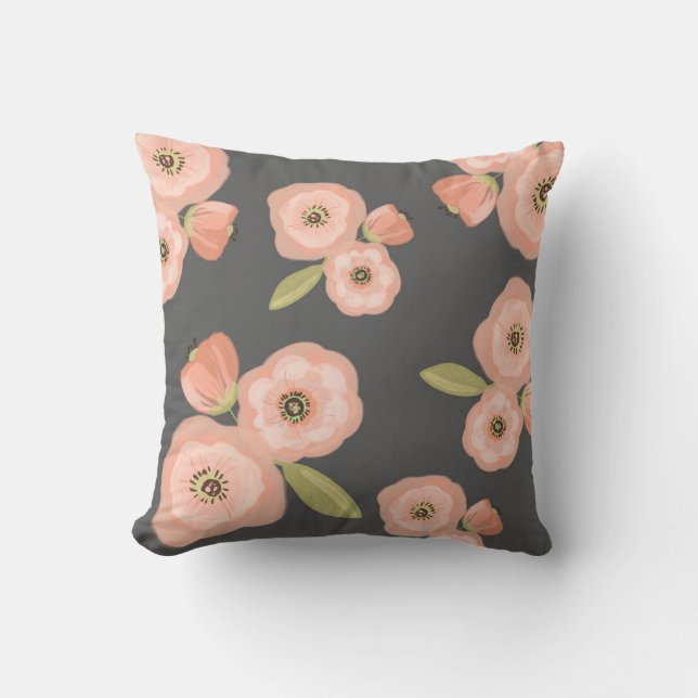 Coussin Carreau floral d'aquarelle grise et rose (Recto)