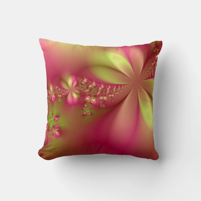 Coussin Carreau floral de fractale rose et verte (Recto)