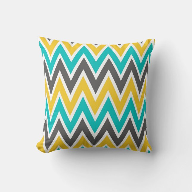 Coussin Carreau gris de Chevron d'or jaune de turquoise (Recto)