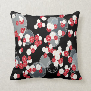 Coussin Carreau gris noir blanc rouge de fleur