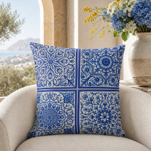 Coussin Carreau méditerranéen bleu blanc motif botanique