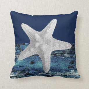 Coussin Carreau nautique d'étoiles de mer bleues rustique