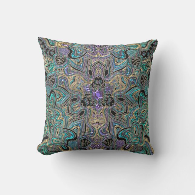 Coussin Carreau pourpre de mandala d'or de turquoise (Recto)