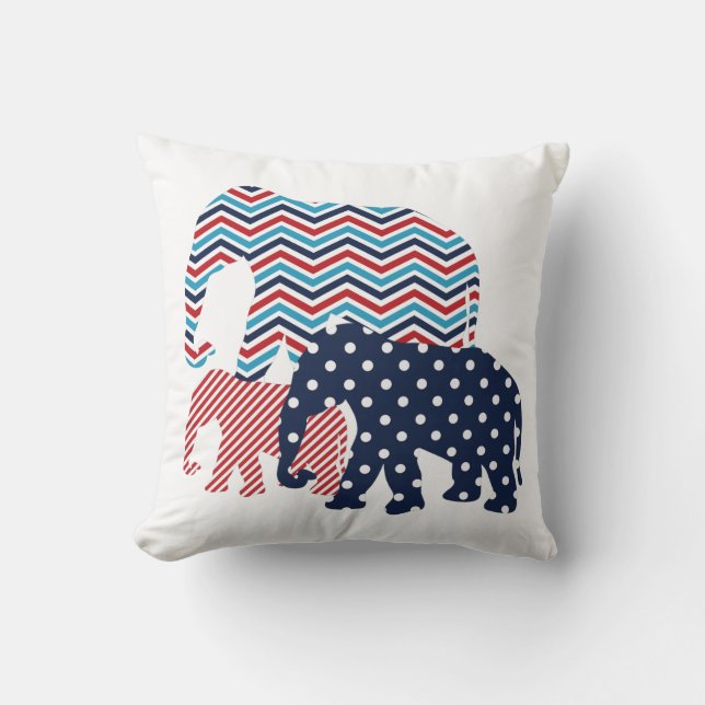 Coussin Carreau rouge, blanc, et bleu d'éléphants (Recto)