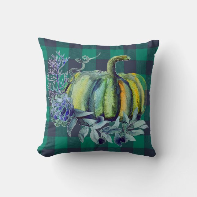 Coussin Carreau vert et bleu de citrouille de plaid (Recto)