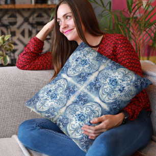 Coussin Carreaux anciens en bleu Delft