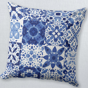 Coussin Carreaux Bleus Bleu Méditerranéen Motif Aquarelle