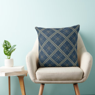 Coussin Carreaux de denim bleu et motif rayé