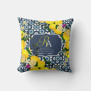 Coussin Carreaux Méditerranéens au Citron Bleu Marine Blan