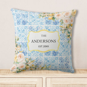 Coussin Carreaux Méditerranéens Bleus Fleur Citron Nom de 