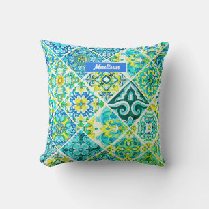 Coussin carreaux siciliens méditerranéens de menthe aqua m