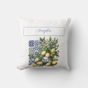 Coussin Carrelage bleu italien et citrons   votre nom