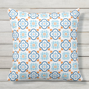 Coussin Carrelage espagnol Méditerranée Bleu Orange Blan