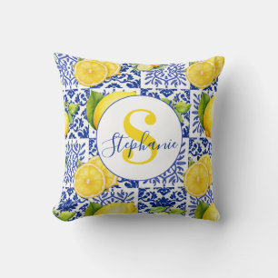 Coussin Carrelage Motif Citron Blanc Bleu Monogramme Nom