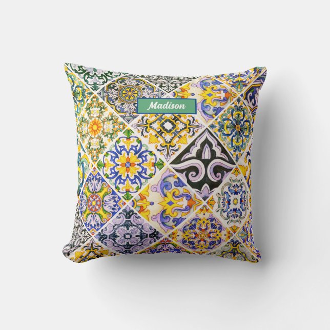 Coussin Carrelage vert chic sicilien méditerranéen (Recto)