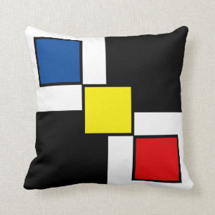 Coussin Carrés bleus rouges jaunes sur fond noir et blanc