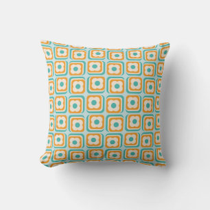 Coussin Carrés Floraux Rétro 70s, Aqua, Orange, Turquoise