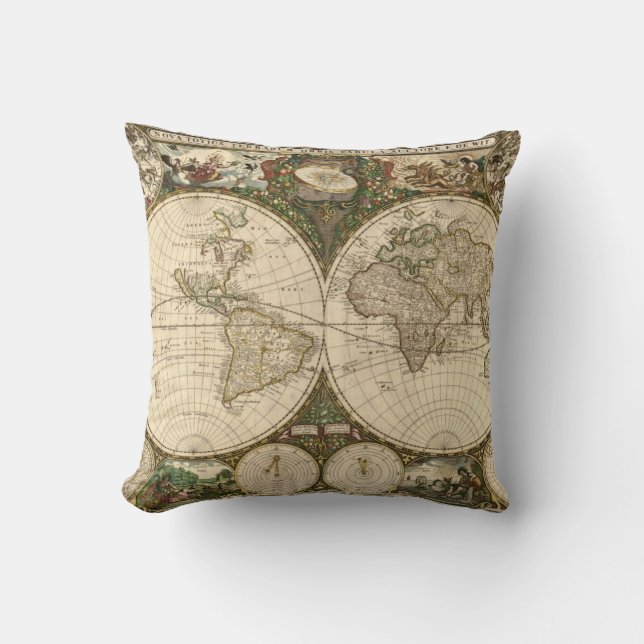 Coussin Carte 1660 du monde d'antiquité par Frederick de (Recto)