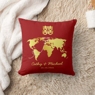 Coussin Carte de destination rouge et or mariage chinois