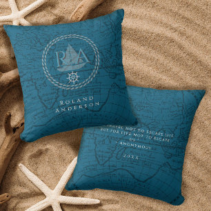 Coussin Carte de monogramme de corde nautique bleue