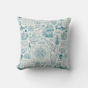 Coussin Carte de voile vintage Aqua Ancres Thème de voyage