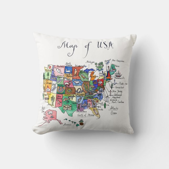 Coussin Carte des attractions des Etats-Unis d'Amérique (Recto)