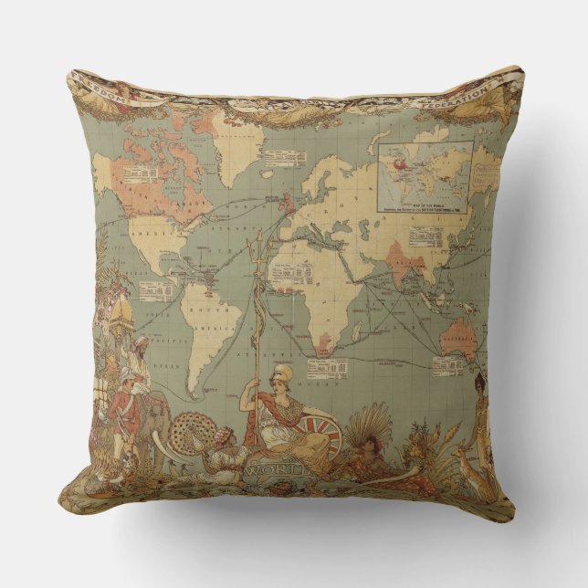 Coussin Carte du monde Antique 1886 Illustré (Recto)