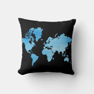 Coussin Carte du monde bleue minimale Art à l'aquarelle