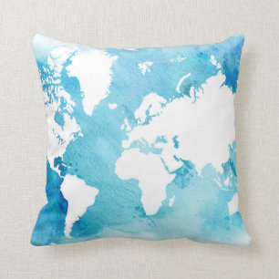 Coussin Carte du monde dans des bleus d'aquarelle
