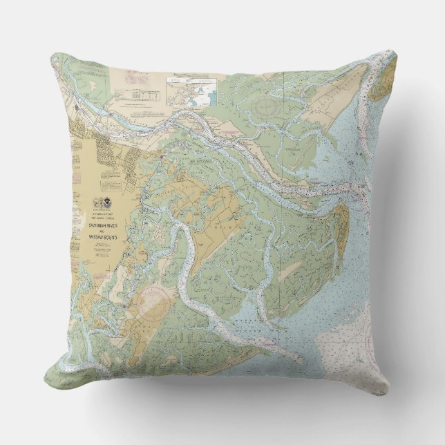 Coussin Carte marine de la rivière Savannah et du détroit  (Recto)