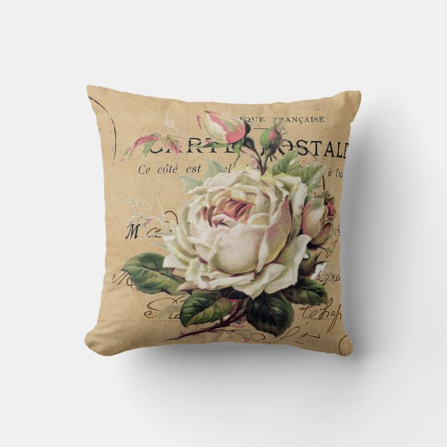 Coussin carte postale française et rose blanche shabb chic (Recto)