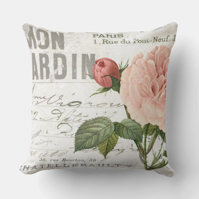 Coussin carte postale rose de Français vintage moderne (Recto)
