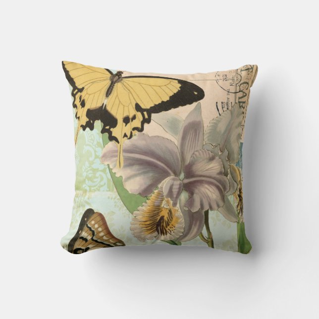 Coussin Carte postale vintage avec papillons et fleurs (Recto)