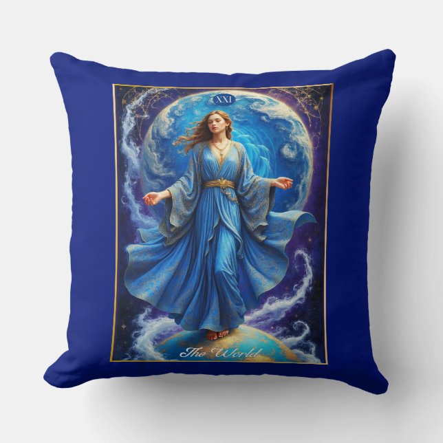 Coussin Carte Tarot, le monde, en bleu profond (Recto)