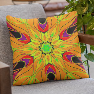 Coussin Carton Mandala Fleur orange vert et rouge