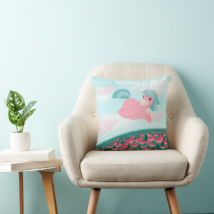 Coussin Carton mignon Unicorn rose et menthe