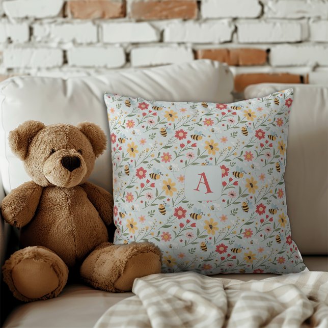 Coussin Cartoon bee flower yellow red pattern monogram (Créateur téléchargé)